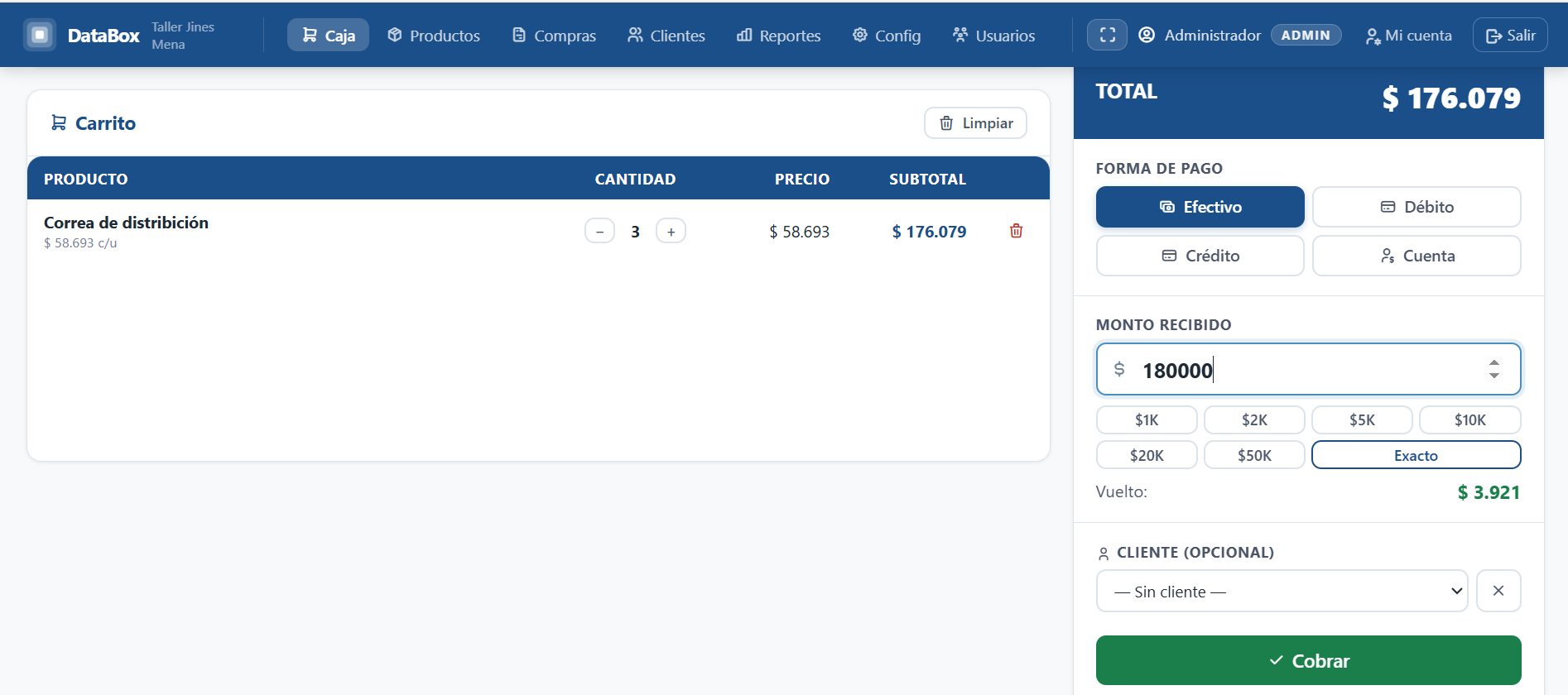 Pantalla de caja de DataBox